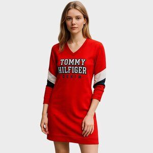 Tommy Hilfiger Sweater Womens XXS Red Spellout Graphic Tunic Streetwear Skater